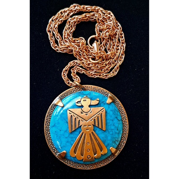 Jewelry - Copper By Bell Blue Marbled Glass Thunderbird Southwestern Pendant 28" Necklace